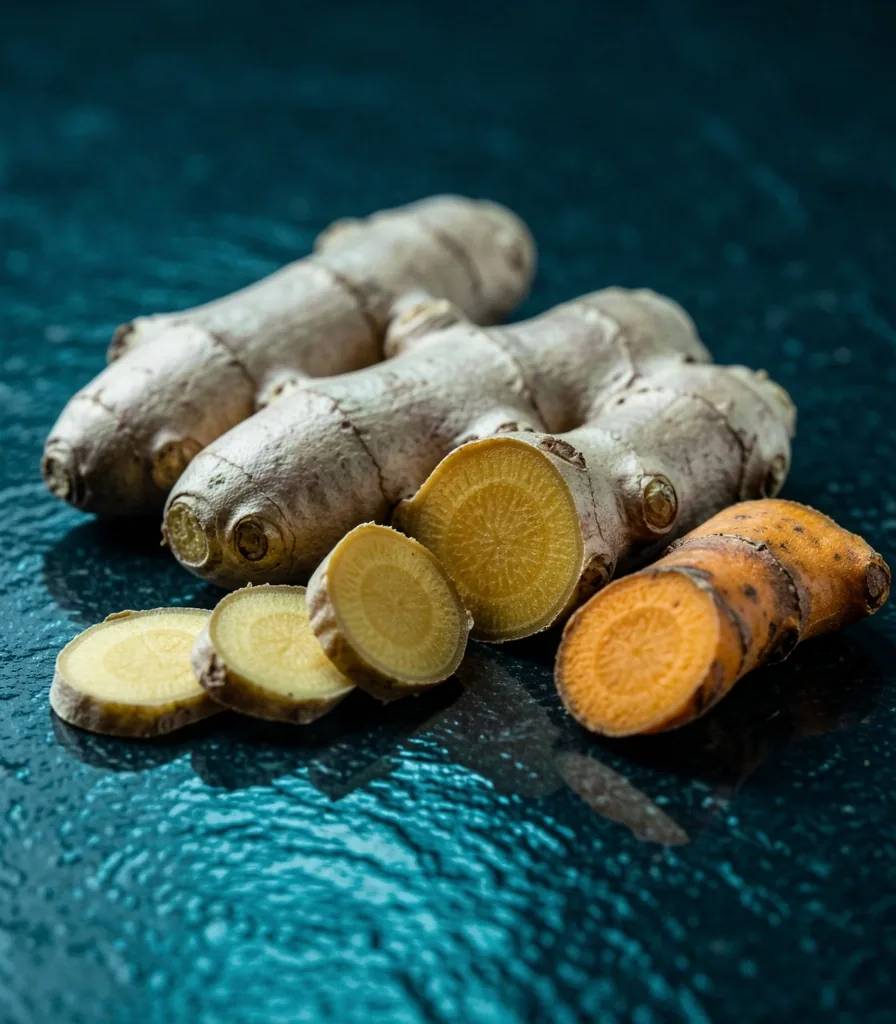 Fresh Indonesian botanical ingredients on a dark stone surface