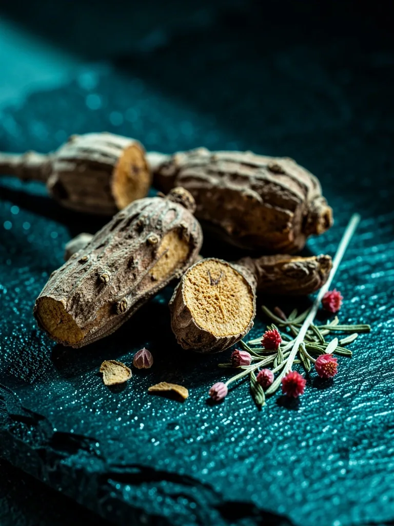 Ashwagandha and Rhodiola botanicals on dark stone