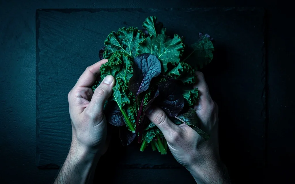 Hands holding calcium-rich foods on a dark counter