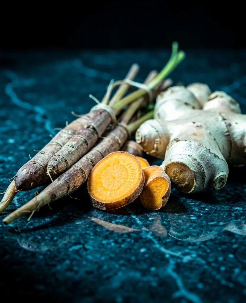 Indonesian botanical ingredients on a dark surface