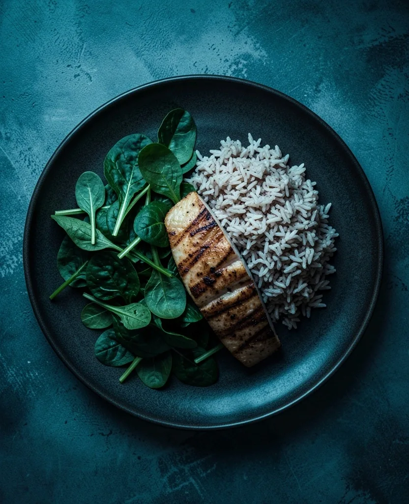 Balanced nutrition plate on dark surface