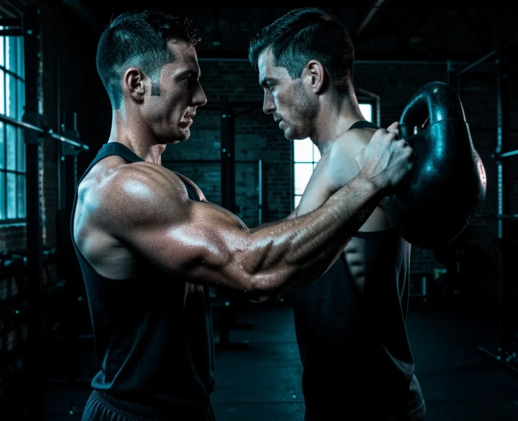 Man training with kettlebell in dark gym