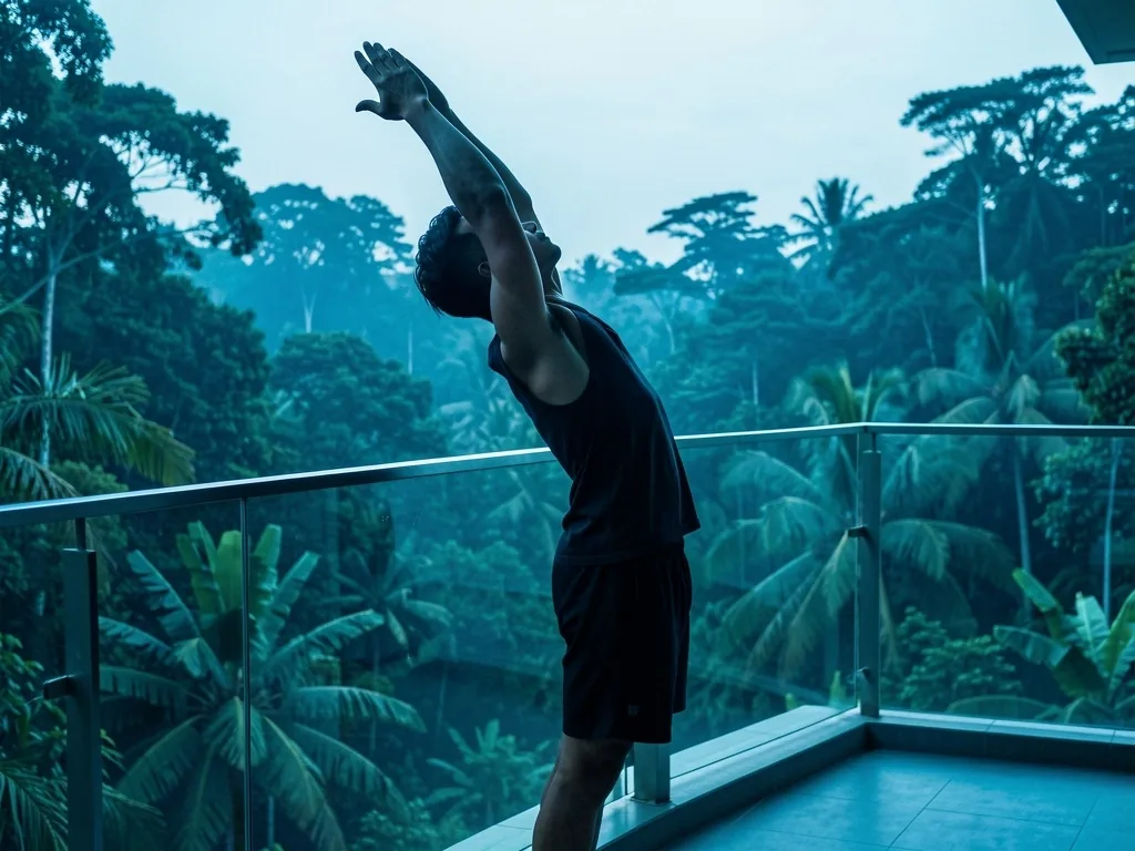 Morning exercise with tropical backdrop