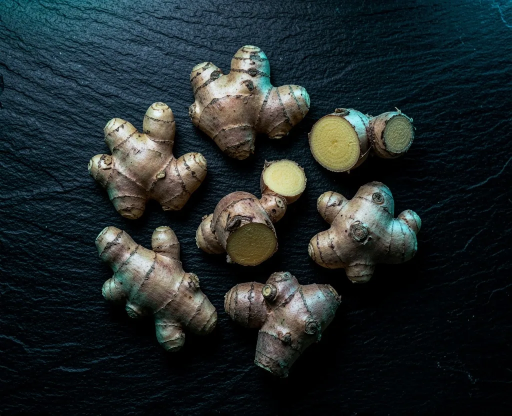 Natural botanical ingredients on dark surface
